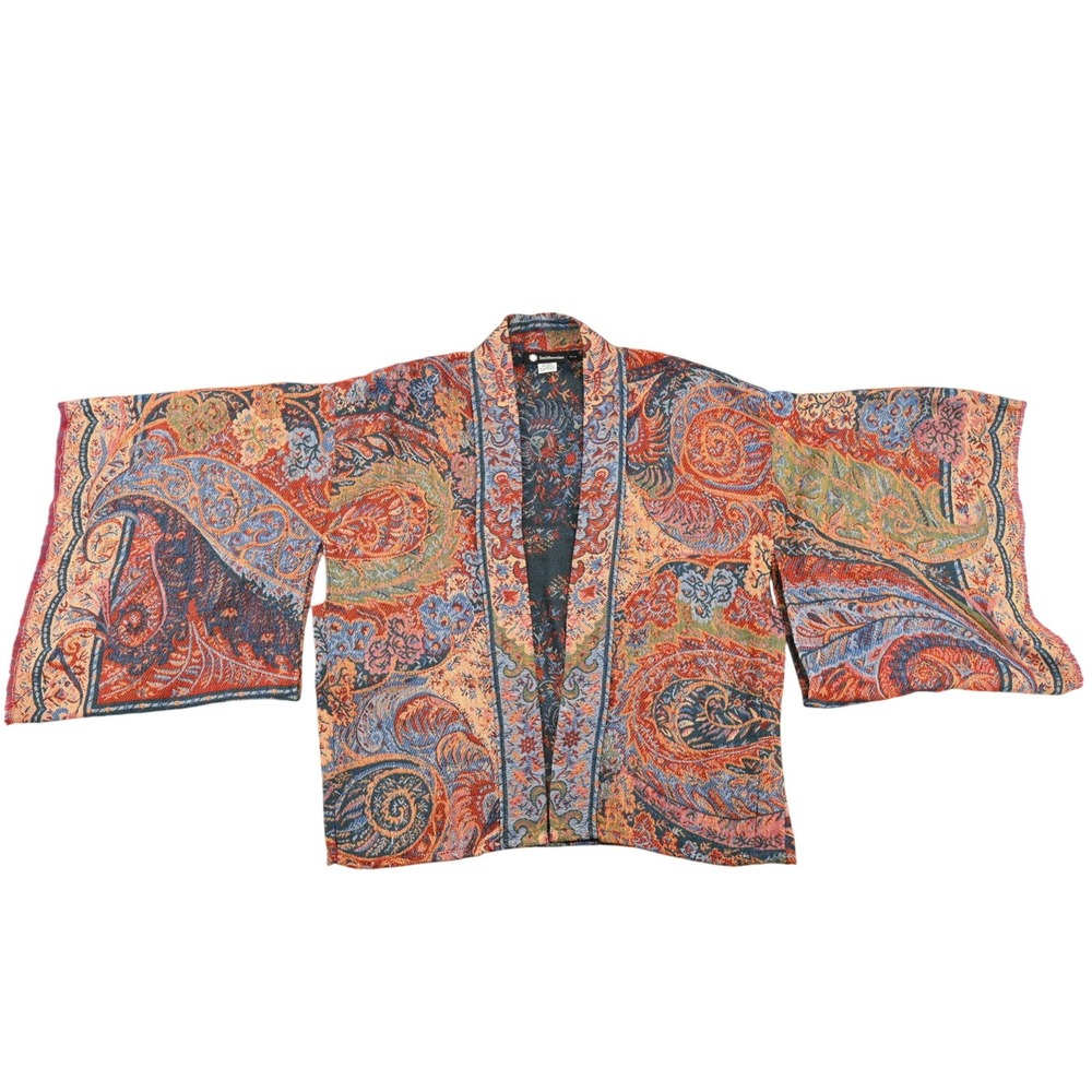 Smithsonian Boho Paisley Tapestry Fringe Wool Blend Kimono Jacket Cardigan S/M
